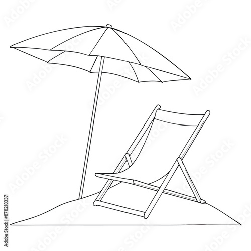 single line drawing of a parasol and beach chair isolated on a white background. 