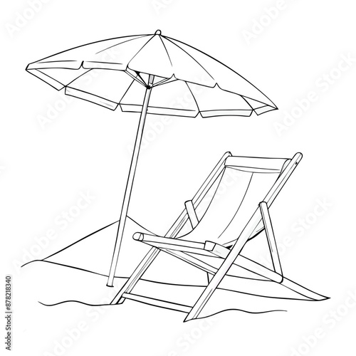 single line drawing of a parasol and beach chair isolated on a white background. 