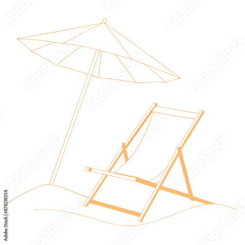 single line drawing of a parasol and beach chair isolated on a white background. 