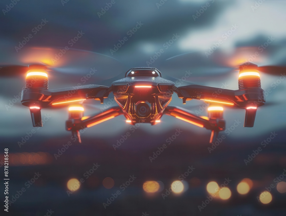 futuristic drone hovering in twilight sky sleek design with glowing led lights hightech quadcopter captured in motion blurred propellers creating sense of movement futuristic drone hovering in twilight sky sleek design with glowing led lights hightech quadcopter captured in motion blurred propellers creating sense of movement