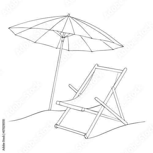 single line drawing of a parasol and beach chair isolated on a white background. 