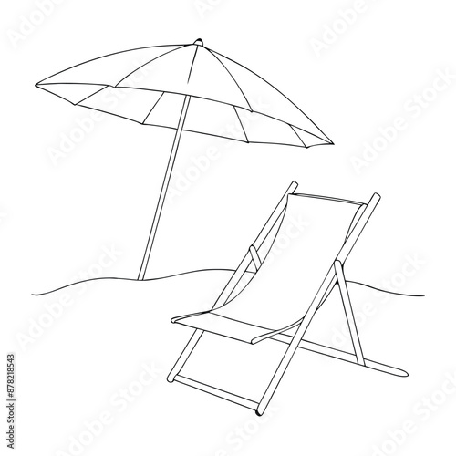 single line drawing of a parasol and beach chair isolated on a white background. 