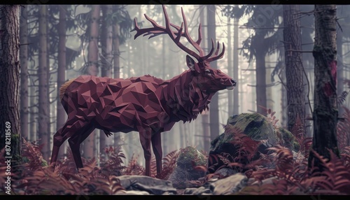 Burgundy paper art of a majestic stag in the forest, capturing the power and grace of wildlife.