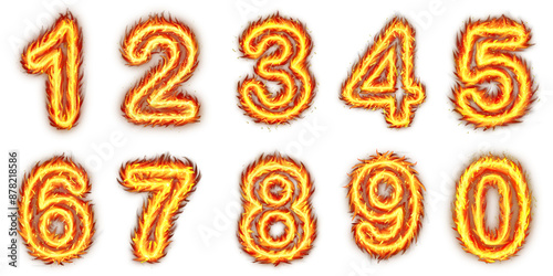 Set of fire flames number, Burning Zero to Nine Fire Flames number effect Illustration On Transparent Background
