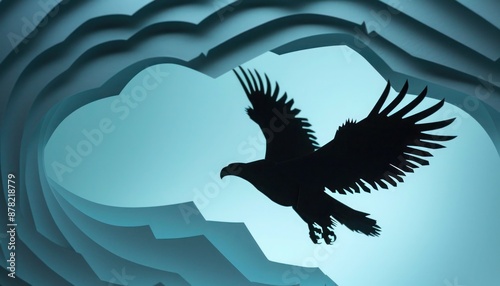 Azure paper silhouette of a soaring eagle, embodying freedom and power in minimalist style.