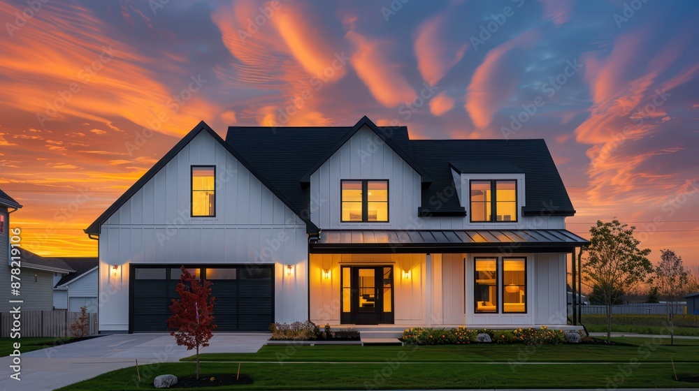 modern suburban farmhouse with clean, angular lines and a bold, monochromatic color scheme, set against a vivid sunset modern suburban farmhouse with clean, angular lines and a bold, monochromatic color scheme, set against a vivid sunset