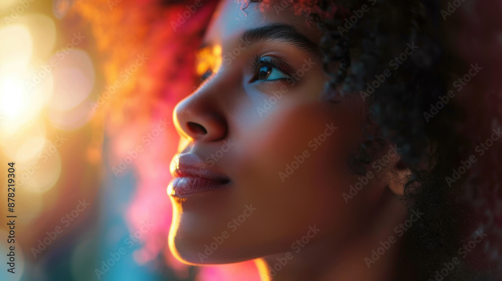 Close-up portrait of a young woman looking upward in a colorful, blurred background Close-up portrait of a young woman looking upward in a colorful, blurred background
