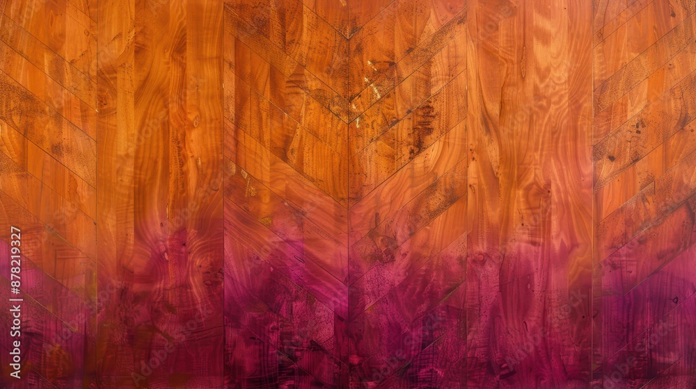 Naklejka premium Wooden surface with a rich, warm color palette transitioning from orange to pink, showcasing the natural grain patterns and knots of the wood