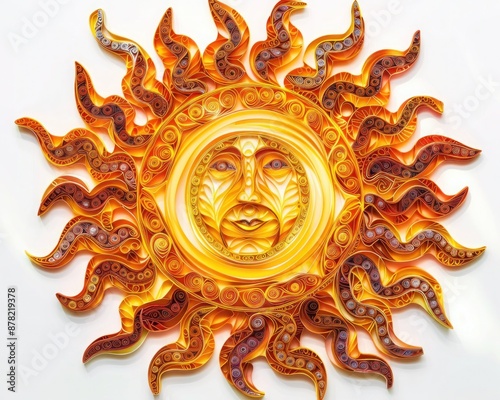Amber paper quilling of a radiant sun, highlighting the brilliance and warmth of light.