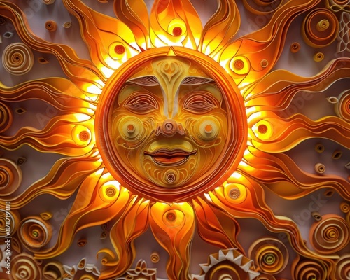 Amber paper quilling of a radiant sun, highlighting the brilliance and warmth of light.