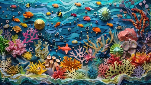 Amber paper mosaic of a vibrant coral reef, highlighting the diversity and beauty of marine life.