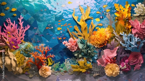 Amber paper mosaic of a vibrant coral reef, highlighting the diversity and beauty of marine life.
