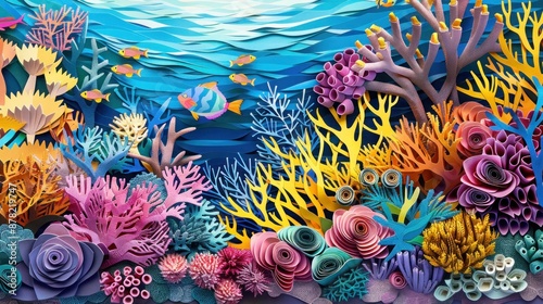 Amber paper mosaic of a vibrant coral reef, highlighting the diversity and beauty of marine life.