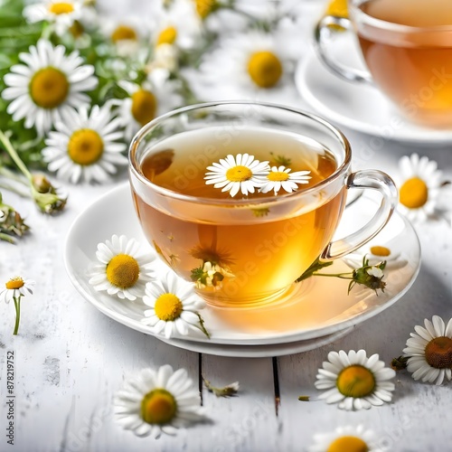 Hot camomile tea on white table with blurred background
