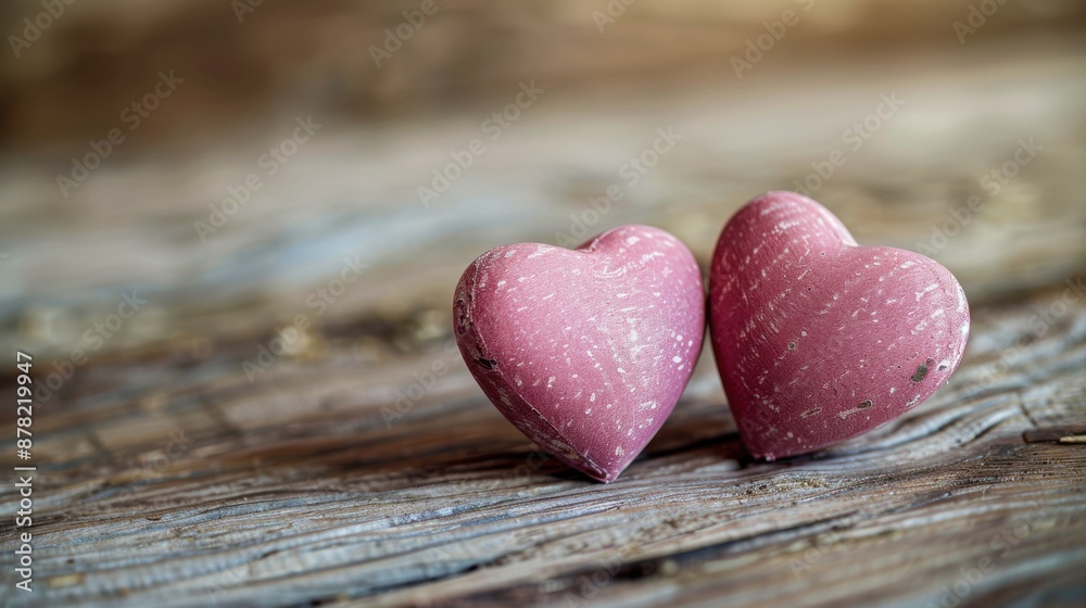 Obraz premium Two Pink Wooden Hearts on Rustic Wooden Background Symbolizing Love and Romance