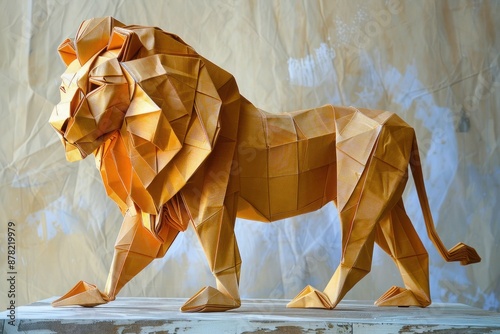 Amber paper folding art of a geometric lion, combining strength and precision in design.