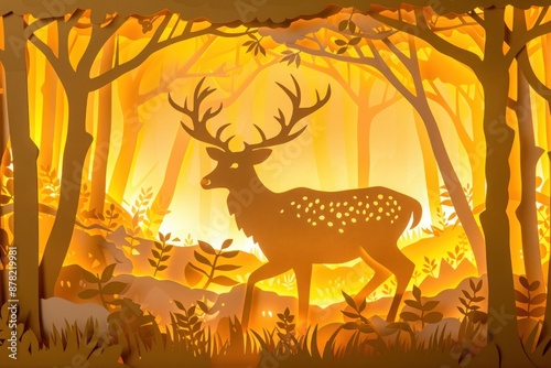 Amber paper cutout of a serene deer in a forest, portraying the harmony and beauty of wildlife.