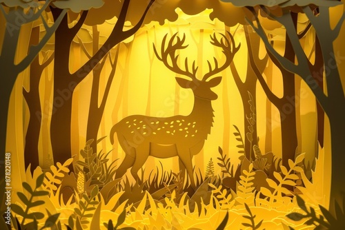 Amber paper cutout of a serene deer in a forest, portraying the harmony and beauty of wildlife.
