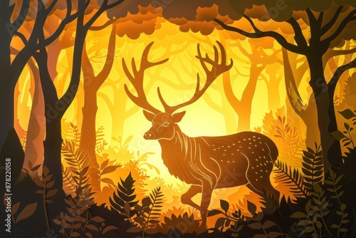Amber paper cutout of a serene deer in a forest, portraying the harmony and beauty of wildlife.
