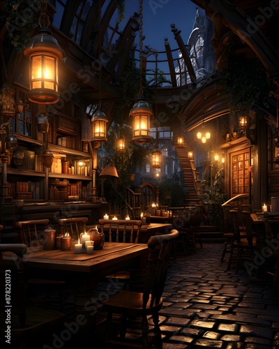 Night cafe in the old town. 3D rendering. High quality photo © Iman