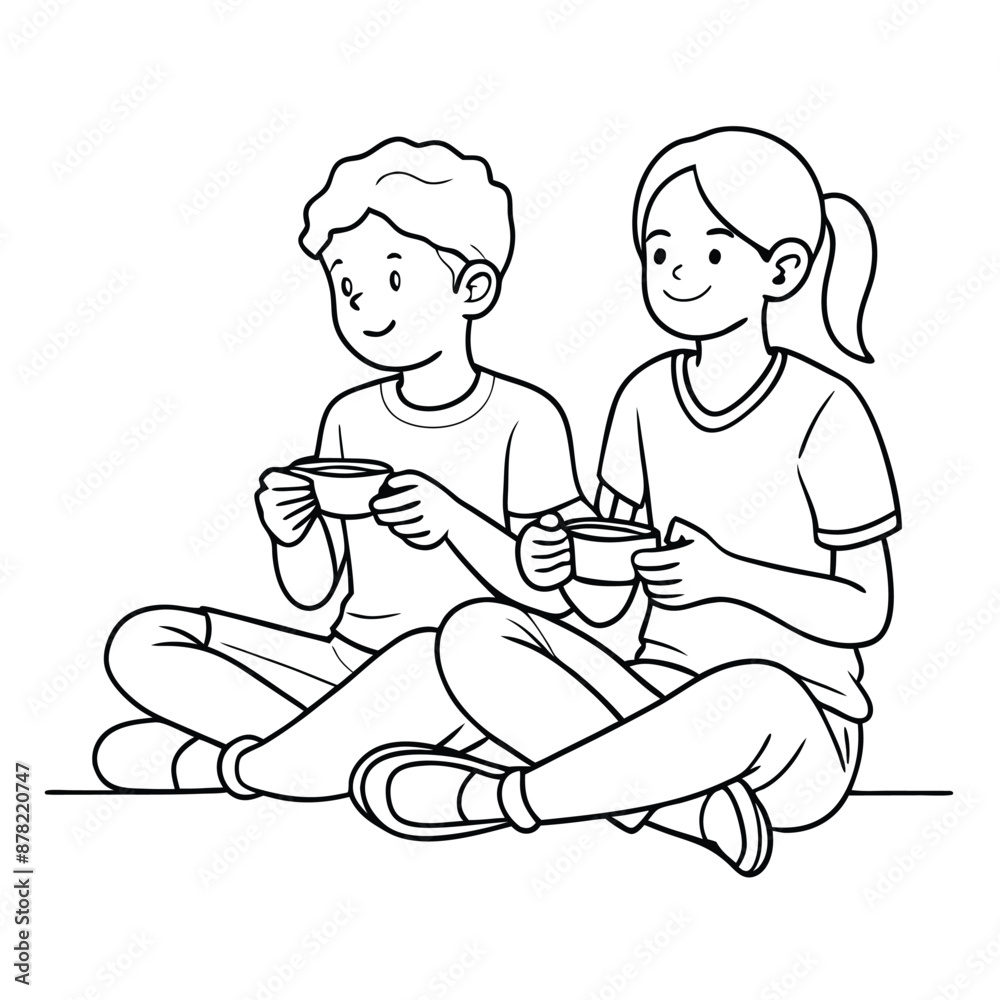 two kids playing video games. line art vector illustration, isolated on a white background
