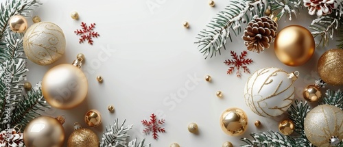 Festive Christmas Background with Gold and White Ornaments, Pine Cones, and Snowflakes on White
