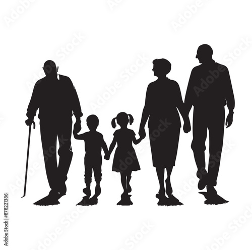 grandparents walking with two granddaughter silhouette vector