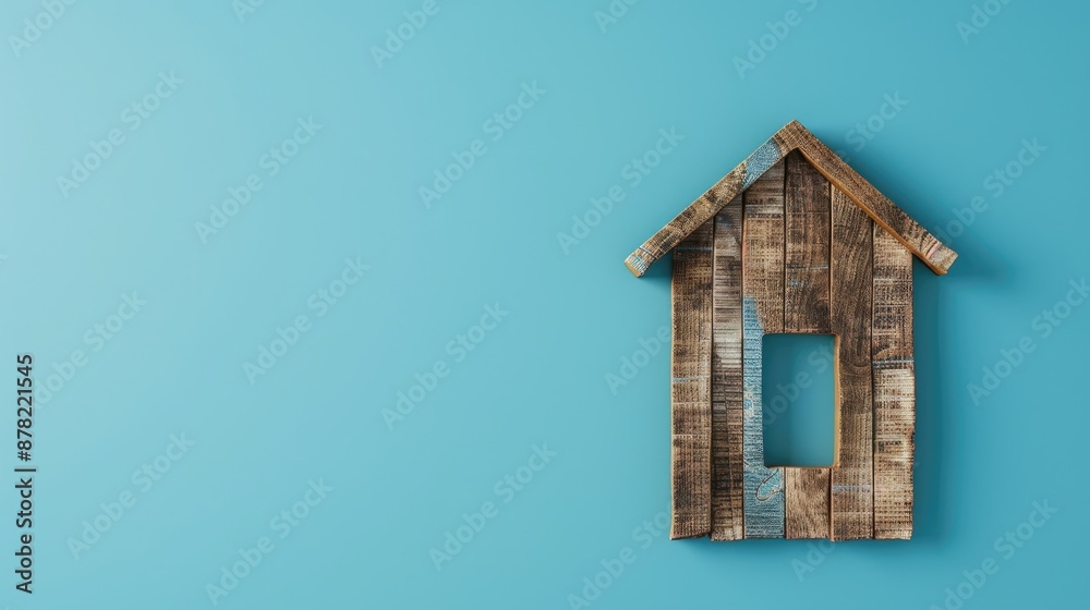 Assurance Services Wooden Planks House Mockup on Blue Background Assurance Services Wooden Planks House Mockup on Blue Background
