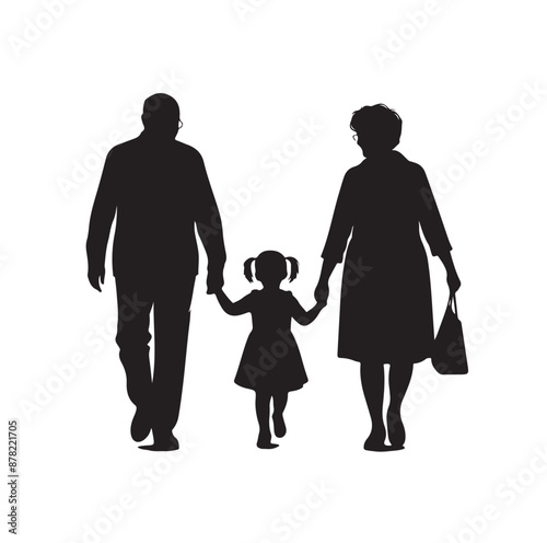 grandparents walking with two granddaughter silhouette vector