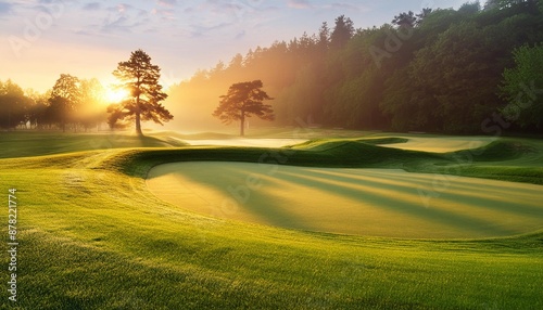 A pristine golf course at dawn.