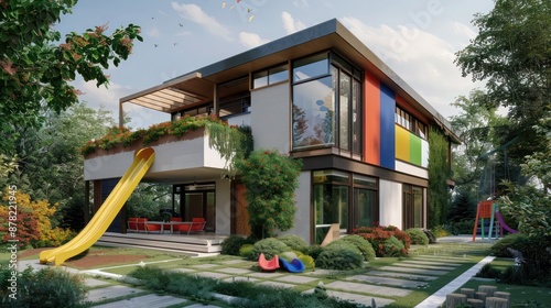 modern suburban farmhouse with a playful design, featuring a slide from the second floor to the garden and colorful exterior accents photo