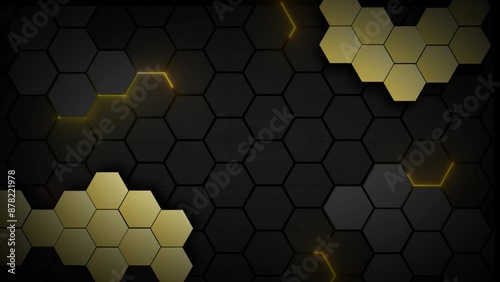Abstract hexagon background with golden glowing lines and golden hexagon moving animation 4k.