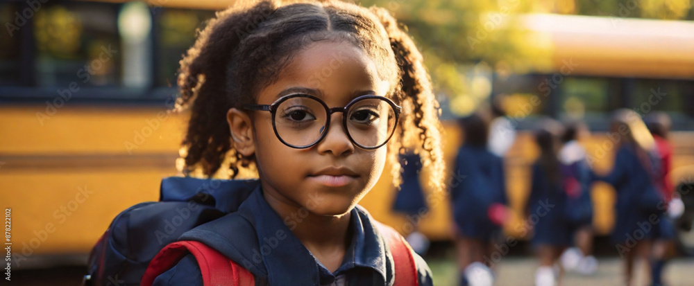 Close up portrait of elementary school girl with yellow school bus in the background. Close up portrait of elementary school girl with yellow school bus in the background.
