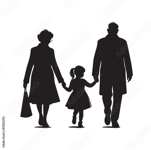 grandparents walking with two granddaughter silhouette vector