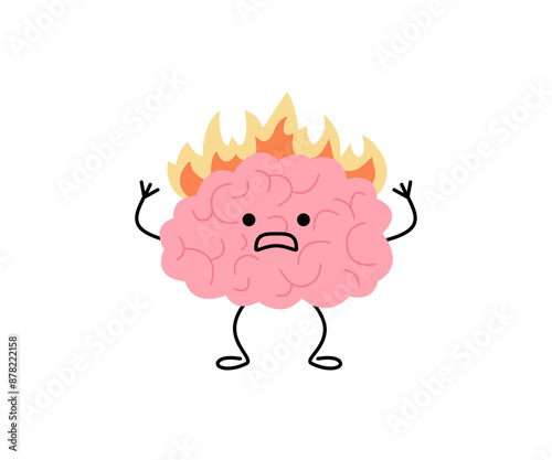 Brain with fire, burnout on stress, cute child character. Intense brain activity from overwork, tension, multitasking. Vector illustration