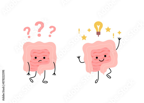 Health of intestine sad disease gut with question and happy healthy with light bulb as idea, cartoon child character. Check health of bowel. Confused gut, seek answer and finds solution. Vector illust