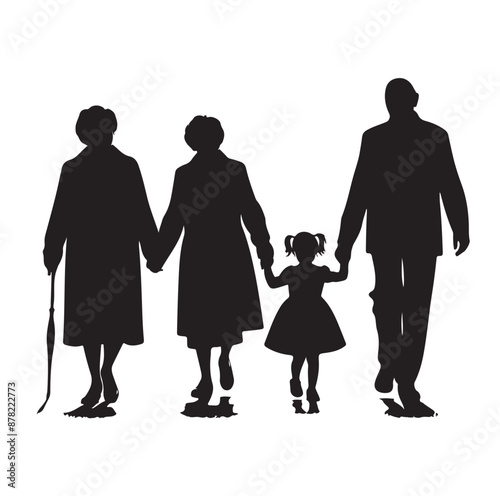 grandparents walking with two granddaughter silhouette vector