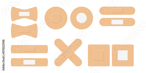 Medical plaster. Adhesive bandage for aid of wound. Icons of breathable bandaids. Bands isolated on white background. Medicine plaster strips for first aid, pain, pharmacy, accident, surgery.