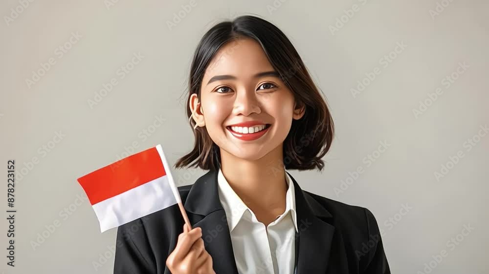 Young Indonesian woman waving small Indonesian flags in her hands to celebrate the independence day Young Indonesian woman waving small Indonesian flags in her hands to celebrate the independence day