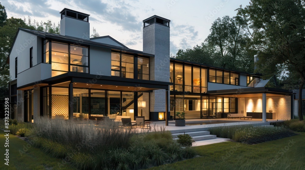 Obraz premium modern suburban farmhouse with a focus on transparency, featuring extensive use of glass to blend indoor and outdoor spaces