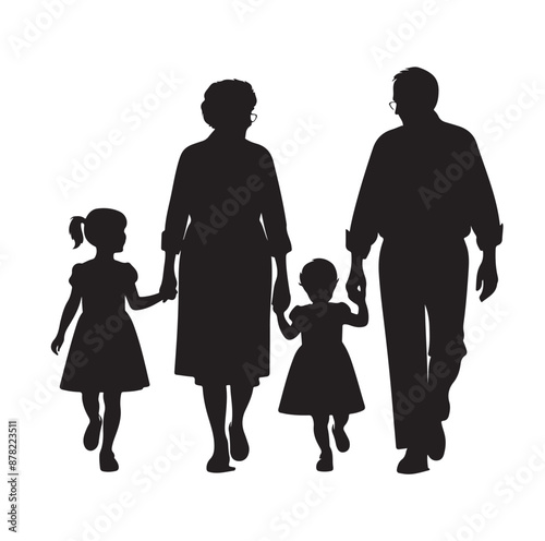 grandparents walking with two granddaughter silhouette vector