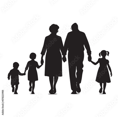 grandparents walking with two granddaughter silhouette vector