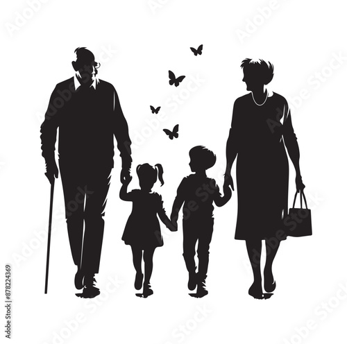grandparents walking with two granddaughter silhouette vector