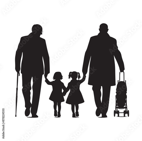 grandparents walking with two granddaughter silhouette vector