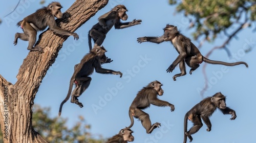 Playful monkeys swing and groom in the lush treetops, exhibiting natural behaviors