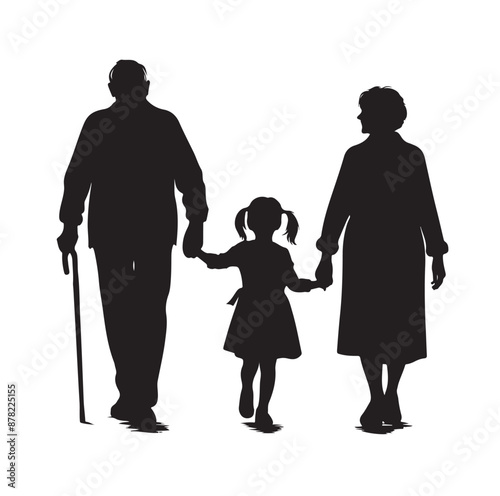 grandparents walking with two granddaughter silhouette vector