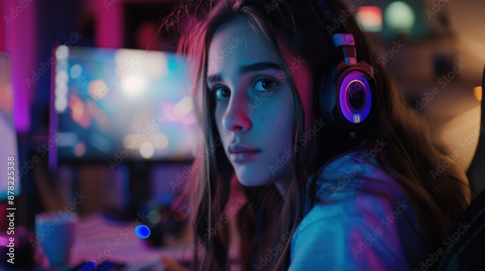A girl with headphones on sitting in front of a computer A girl with headphones on sitting in front of a computer