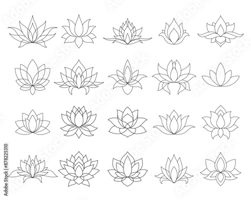 Set of lotus mehndi flower pattern for Henna drawing and tattoo. Decoration in oriental, Indian style. Doodle ornament. Outline hand draw vector illustration.