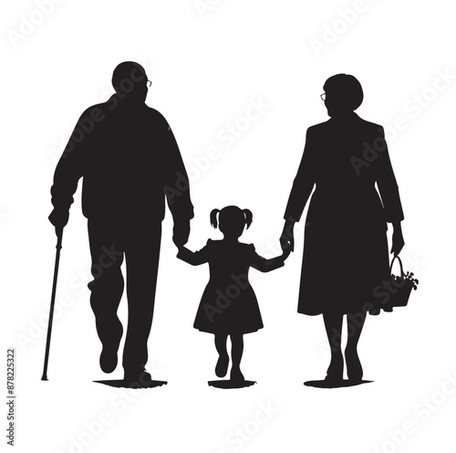 grandparents walking with two granddaughter silhouette vector