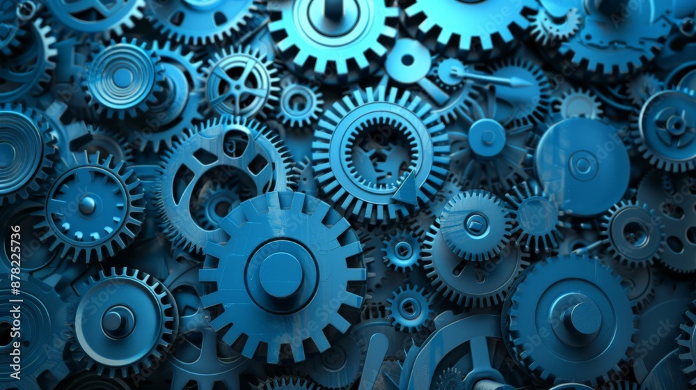 Collection of various blue gears and cogwheels interlocking. Symbol of machinery, engineering, and mechanical precision. Collection of various blue gears and cogwheels interlocking. Symbol of machinery, engineering, and mechanical precision.